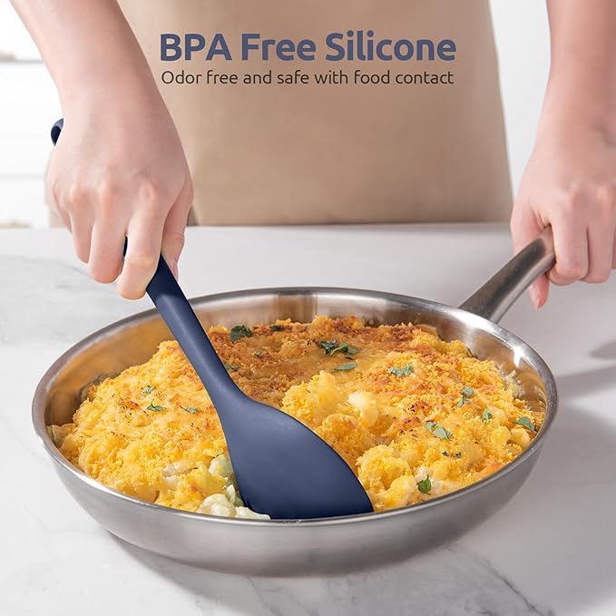 600ºF Heat Resistant Silicone Spoon: U-Taste 13.3in Solid Kitchen Cooking Spoon, Nonstick Food Grade Large Soup Rubber Utensil for Mixing, Serving, Stirring, Basting, for Pot Cookware (Midnight Blue)