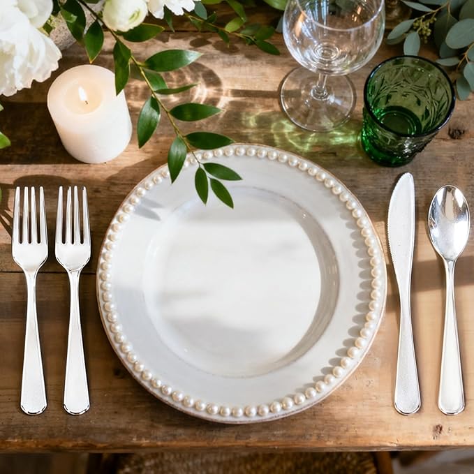 150 PCS Silver Plastic Silverware - Silver Plastic Flatware Disposable - Heavy Duty Disposable Utensils Sets Includes 50 Forks, 50 Spoons, 50 Knives for Party & Wedding