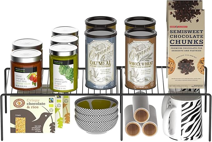 Kitchen Cabinet Expandable Shelf Organizers Set of 2, Adjustable Metal Wire Pantry Storage Shelves, Plate Dish Organizer Rack for Cabinets, Cupboard, Counter, Freezer, Countertop, Black