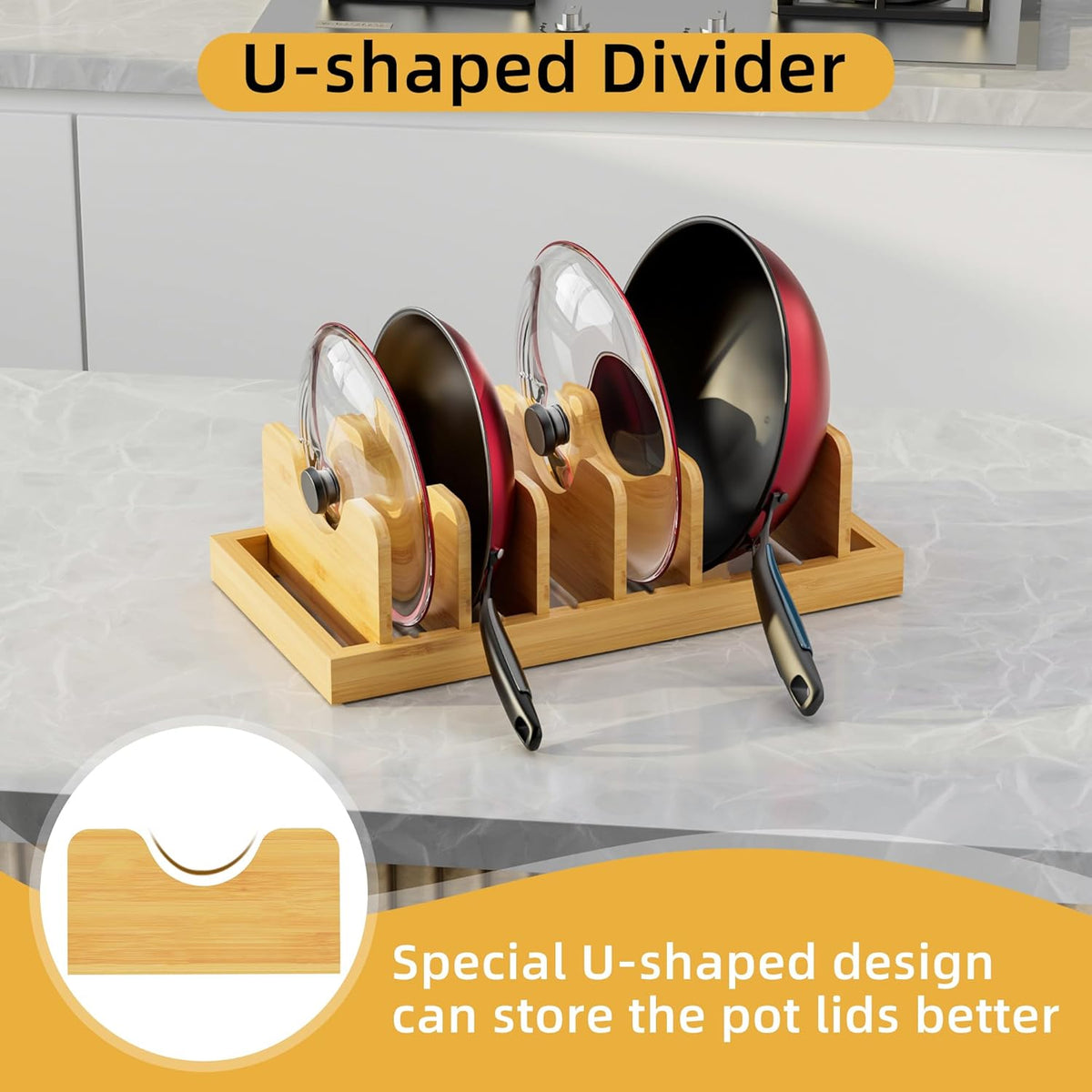 Bamboo Pot Lid Organizer Pot Lid Holder, Pot and Pan Organizer Drawer Organizer for Pot Lids, Pans, Cutting Boards & Baking Sheets, Dinner Plates, Reusable Containers in Cabinet Storage