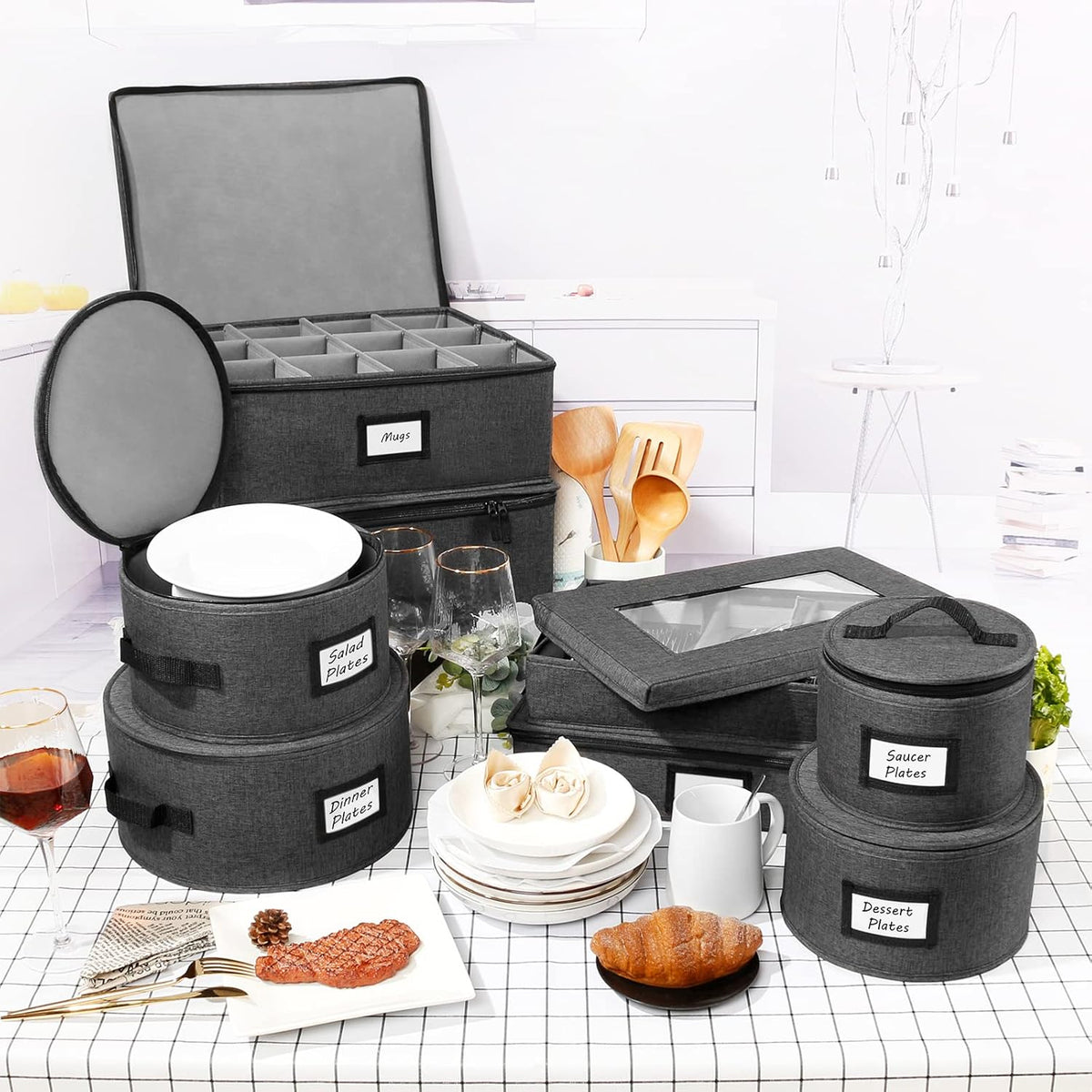 HOMELUX THEORY Mug Storage Box with Dividers Hard Shell China Storage Containers, Heavy Duty Coffee Cup Storage Box and Moving Boxes for Glassware Storage with Lid, Thick Surface, and Sturdy Handle