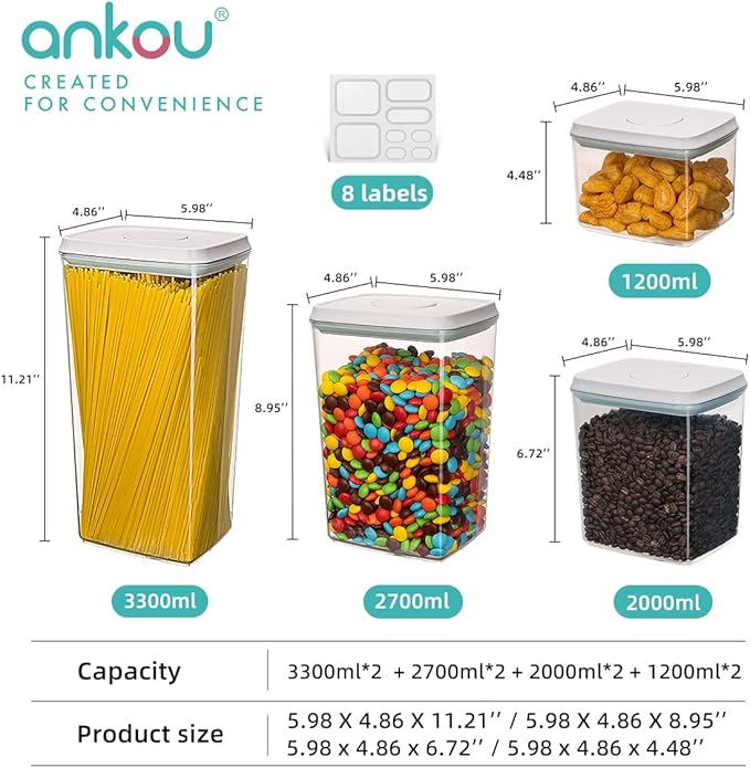 Ankou Food Storage Containers Pop Airtight Food Storage Containers with Lids for Kitchen Pantry Organizing Cereal Snack Flour Sugar Coffee Spaghetti Stackable - 8 Pcs (1.2, 2.0, 2.7, 3.3qt)*2