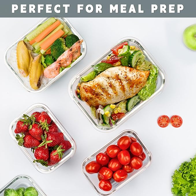 KAMOTA Glass Food Storage Containers, 10 Pack Glass Meal Prep Containers, Airtight Containers with Snap-Lock Lids, 34 oz and 13 oz gray Container Set with Lids, for Microwave/Oven/Freezer/Dishwasher