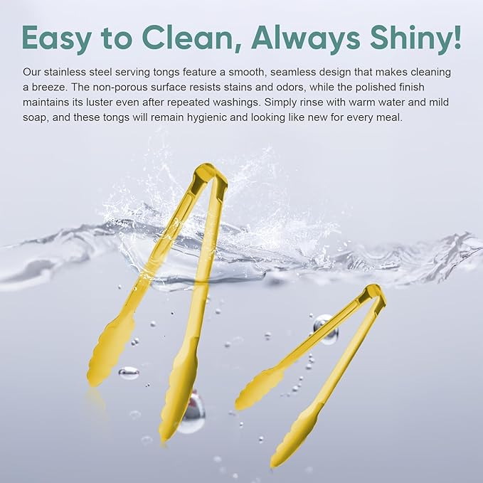 Gold Buffet Tongs 9'' Inches Serving Tongs Heavy Duty Stainless steel Kitchen and BBQ Utility Tong Pack of 12 (Gold, 9inch)