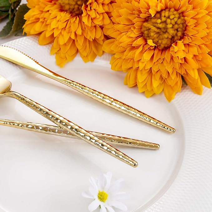Rubtlamp 90Pcs Thanksgiving Gold Plastic Silverware, Gold Disposable Thanksgiving Utensils, Hammered Plastic Silverware, Gold Plastic Forks And Spoons Set Include 30 Forks, 30 Knives,30 Spoons