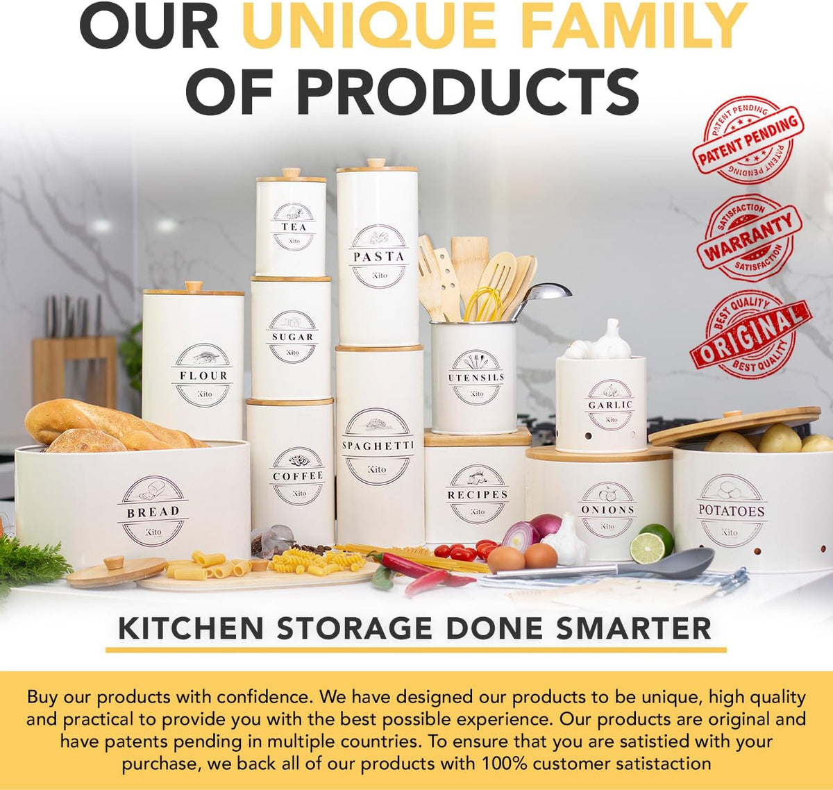 Canister Sets for Kitchen Counter with Wooden Bamboo Lids, Kitchen Canisters for Countertop, Stackable Steel Farmhouse Canisters for Potato Storage, Onion and Potato Storage Bins - White