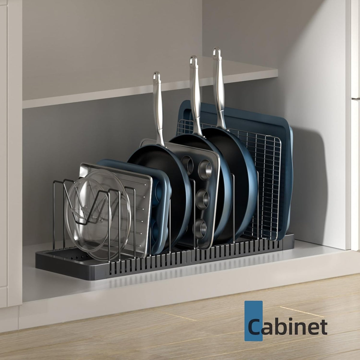 Pots and Pans Organizer under Cabinet, Expandable Pot Lid Organizer Holder with 10 Adjustable Compartment, Pan Organizers inside Cabinet for Lids, Bakeware, Kitchen Storage Pot Rack, Black