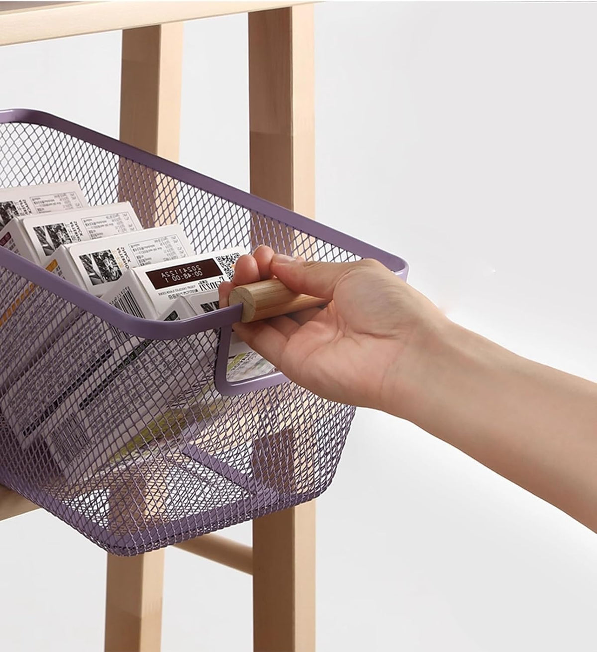 Metal Mesh Steel Basket, Large Wire Storage Organizer Basket Multi-function Hanging Kitchen Baskets with Wood Handle for Kitchen Bathroom Picnic Home, Rectangle-Purple
