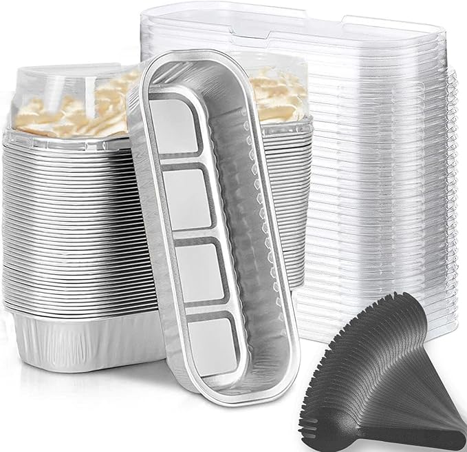 Findful Mini Loaf Baking Pans with Lids and Spoons (50 Pack, 6.8oz) Rectangle Aluminum Foil Baking Pans Tins Containers - Cupcake Containers Wrappers Cheesecake Creme Brulee Ramekins