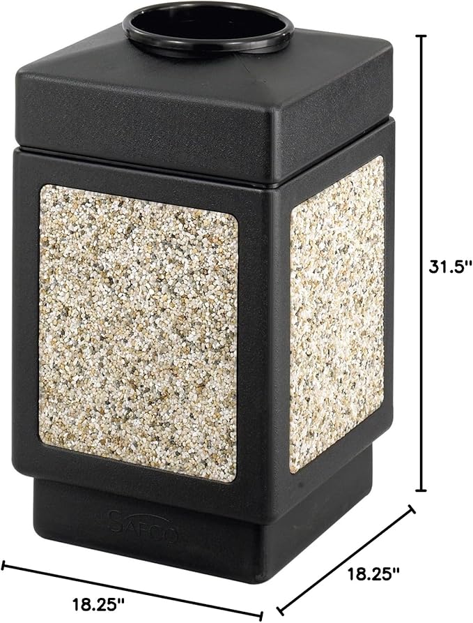 Safco Canmeleon Trash Can, 38 Gallons, Indoor and Outdoor Use, Open Top, Durable & Weather-Resistant Commercial Garbage Can with Stone Panels, Black