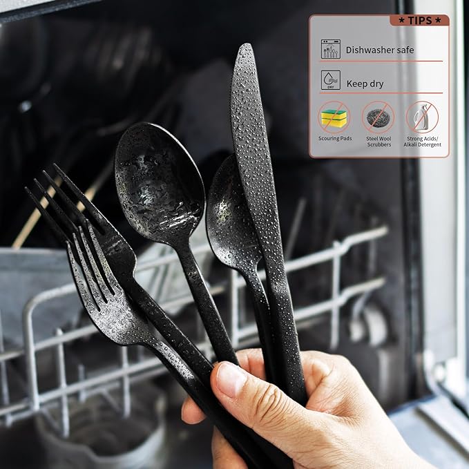 Alata Cube Black 20-Piece Forged Silverware Set Stainless Steel Flatware Set,Service for 4,Matte Satin Polished Cutlery Set,Dishwasher Safe