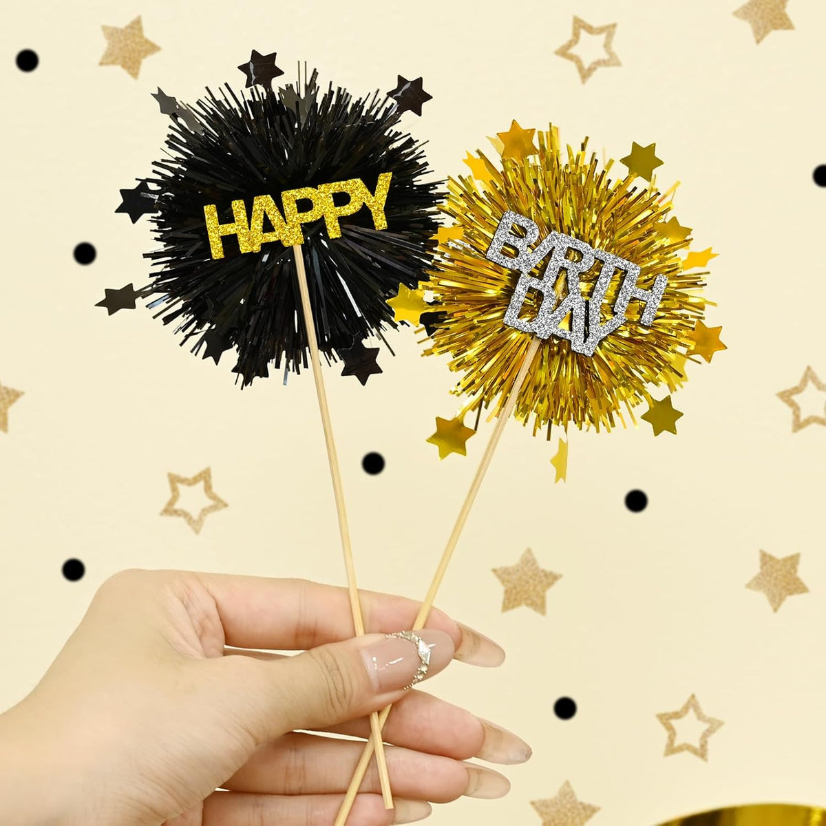 LOLStar 12 PCS Happy Birthday Cake Toppers, Black and Gold Foil Cupcake Toppers, Glitter Tinsel Cupcake Decor, Food Picks Drink Stirrers Cocktail Toothpicks for Celebrating Party Supplies