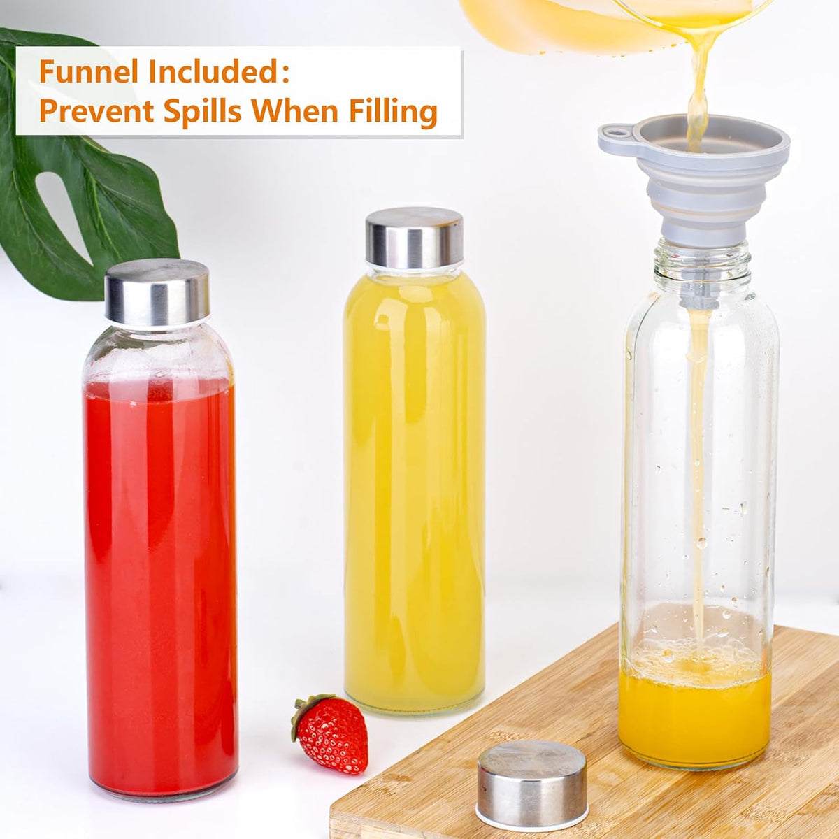 Zukro Glass Water Bottles with Lids 18 oz, 3 Pack Reusable Juice Bottles With Stainless Steel Airtight Cap for Juicing, Leak Proof Clear Drinking Jar Beverage storage container for Fridge, BPA Free