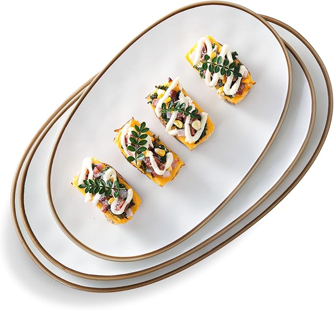 Ceramic Oval Serving Platter with Brown Rim: 15.6/14.3/12.9 Inch Large Serving Dishes for Entertaining Party, Turkey, Steak, Ham, Microwave Dishwasher Safe