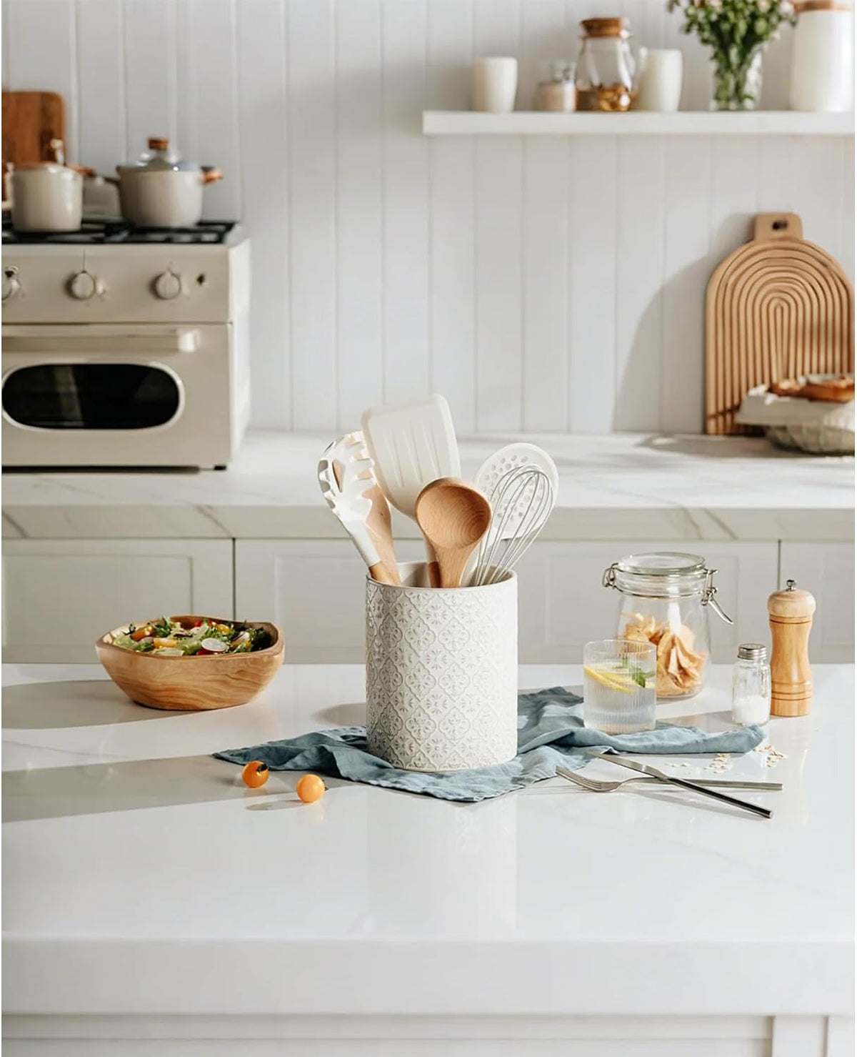 Kitchen Utensil Holder, 6x7 inch Large Ceramic Utensil Holder with Embossed Pattern, Cooking Utensil Crocks for Kitchen Countertop, Home Decor, Off-White