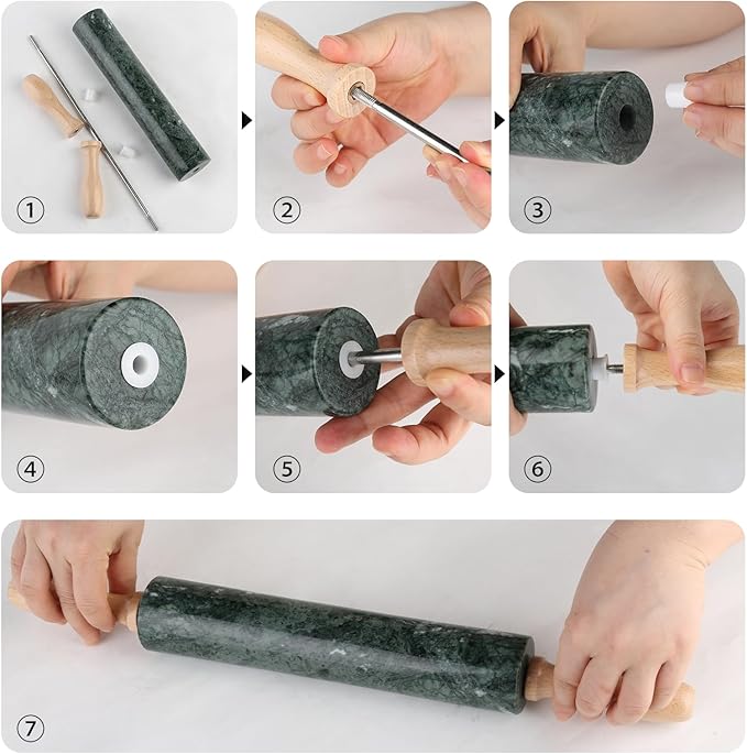 Koville Indian Natural Marble Rolling Pin, Non-Stick Polished Dough Roller, Pasta, Dumpling, Fondant, Pie Crust, Bread, Pizza Dough, Kitchen Baking Pastry Tools with Mat/Scraper(Indian Green)