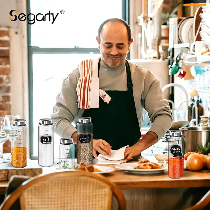 Segarty Spice Jar with Labels, 3 Pack 15oz Glass Spice Shakers with Adjustable Pour Lids, Clear Large Spices Bottles for Herb Salt Pepper, Condiment Containers with 136 Labels, 1 Marker Pen and Brush