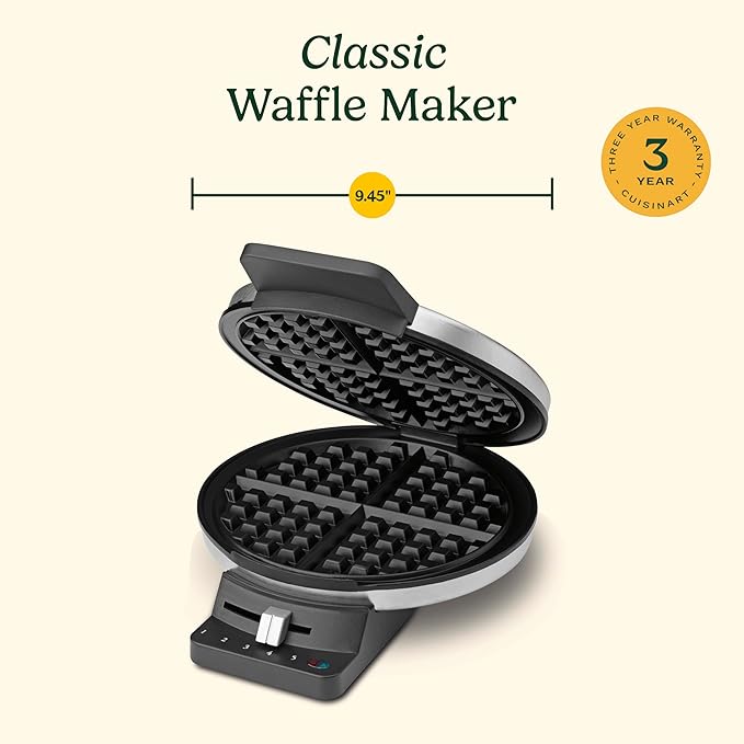Cuisinart Waffle Maker, 1250W Round Classic Waffle Iron, 5-Setting Adjustable Browning Control, WMR-CANAS, Brushed Stainless