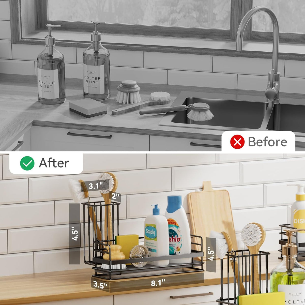 Yofidra Sink Caddy With Stone Drying Tray: Stainless Steel Soap Dispenser Kitchen Sink Organizer Set, Sponge Holder Counter Accessories Decor for Kitchen Organizers and Storage 8.1x3.5x4.5 in Black