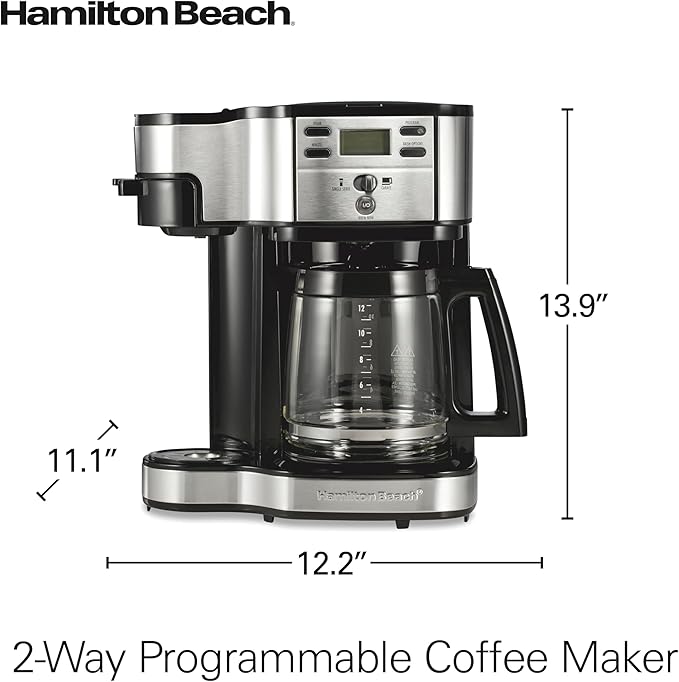 Hamilton Beach 2-Way Programmable Coffee Maker, 12 Cup Glass Carafe And Single Serve Coffee Maker, Black with Stainless Steel Accents, 49980RG