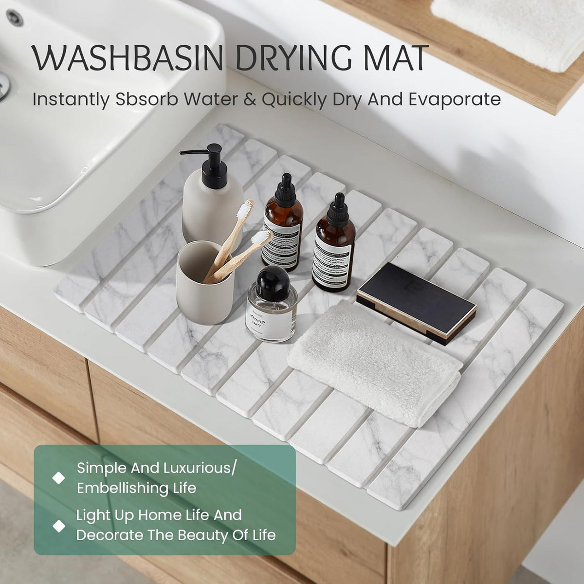 Stone Dish Drying Mat Collapsible Diatomaceous Earth Absorbent Mat Quick Dish Drying Pad Dish Rack Pad Match Any Counterto Multiple Usage for Kitchen,Bathroom (White Marble Pattern, 24"L x 16"W)