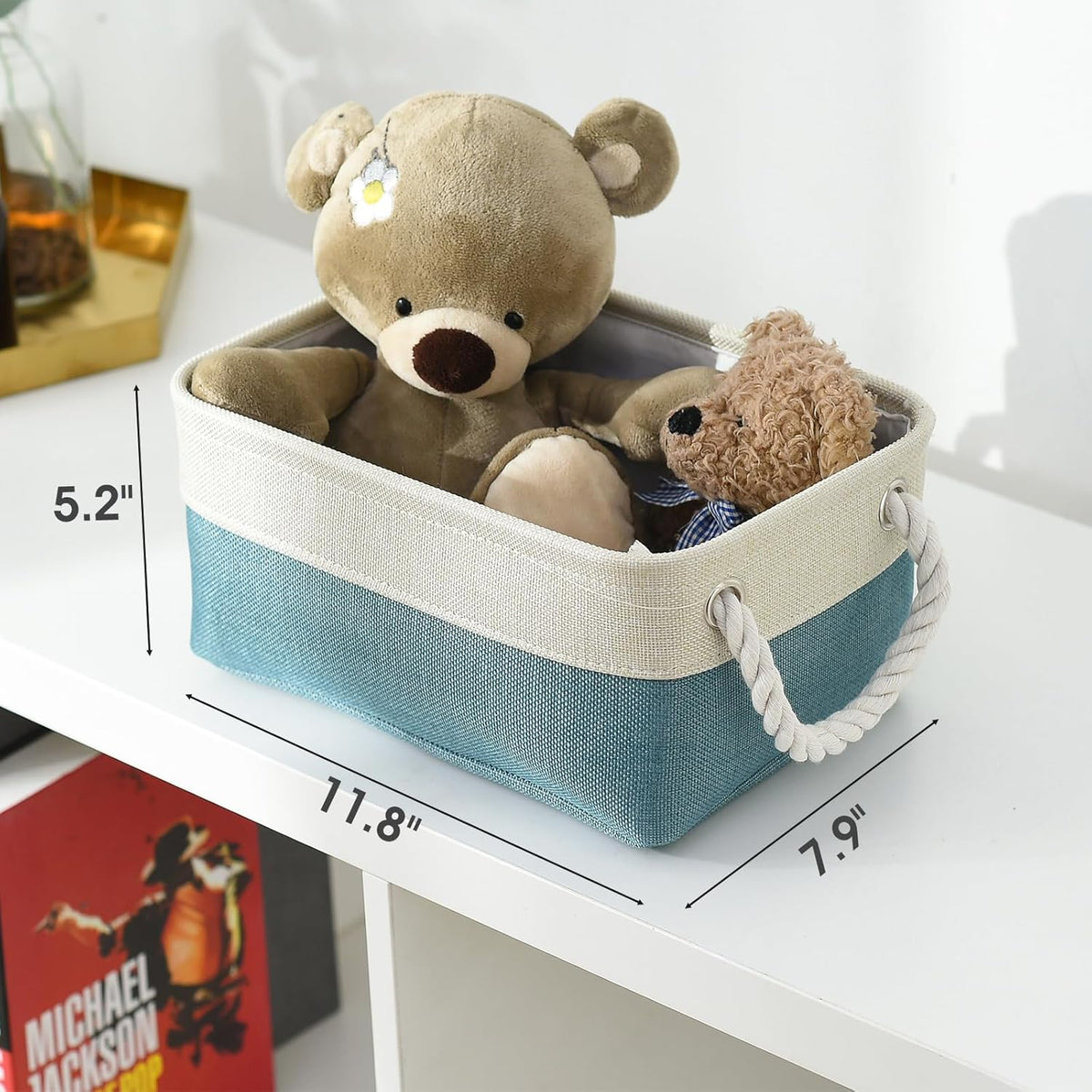 TheWarmHome Fabric Storage Bin with Handles,Storage Basket for Home Storage and Organization, Shelf Basket with Cover for Living Room Bedroom Decor Closet(White & Green,Small ,11.8L×7.9W×5.2H