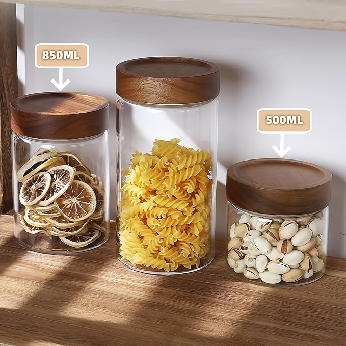 17 Fl oz/500 ml Glass Food Storage Jar, Premium Clear Glass Container Jar with Airtight Wooden Screw Lid, Kitchen Canisters for Coffee,Tea,Pasta,Cookies, Nuts,Spice,Candy,Overnight Oatmeal(Small)