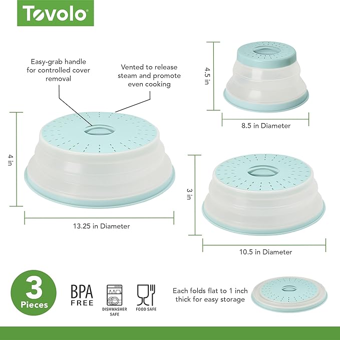 Tovolo 3-Piece Silicone Microwave Splatter Lid Set Blue Haze Small Medium Large Set of 3, Collapsible Dishwasher Safe BPA Free Vented Silicone Microwave Splatter Cover Set for Food Reheating