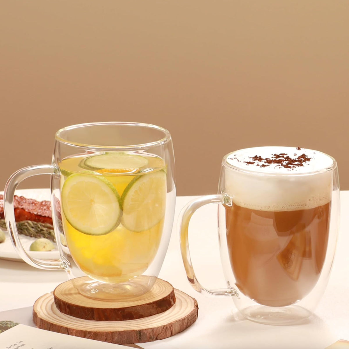 CNGLASS 12oz Double Walled Glass Coffee Mugs(4-pack),Insulated Glass Mugs with Handle,Clear Espresso Cups for Latte,Cappuccino,Tea Bag