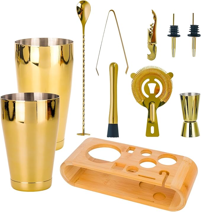 Cocktail Shaker Set Stainless Steel Shakers Bartending kit Bar Kits Bar Tool Sets for Professional Bartender and Home (Gold, 10-Pcs Boston Shaker)