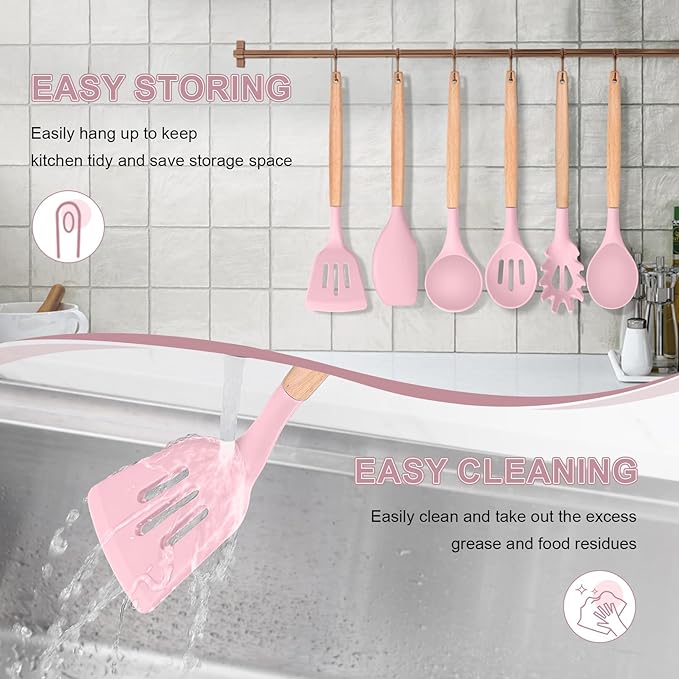 P&P CHEF Cooking Utensils Set, 6 PCS Kitchen Utensils with Wooden Handle, Silicone Spatula for Nonstick Cookware, Easy Clean & Non-toxic, Pink