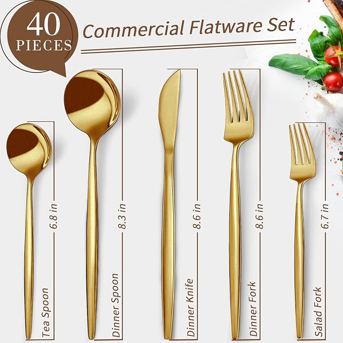 CEKEE Gold Silverware Set, 40 Piece Gold Utensils Set Service for 8, Stainless Steel Flatware Set Include Knives Spoons and Forks Cutlery Set for Kitchen Home Restaurant Wedding, Satin Finish