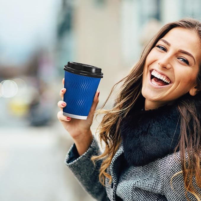 500 Pack Coffee Cups with Lids 12oz, Disposable Insulated Ripple Wall To Go Paper Coffee Cups for Hot/Cold Drinks Office Home Shop Event (Navy)