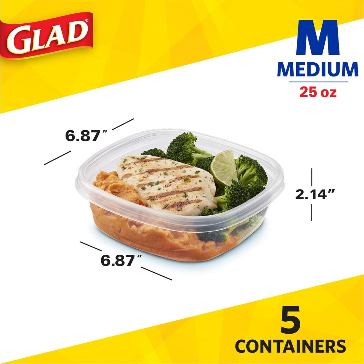 Glad Entrée Food Storage Containers, Medium Square (25 Oz) - 5 Count, Standard