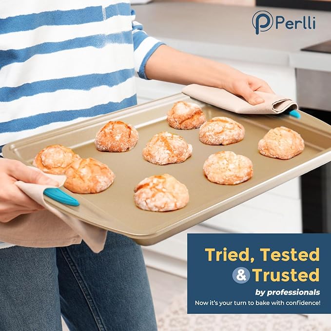 Perlli Baking Kit: Nonstick Gold Steel Oven Set - 6 Pieces, Round Cake Pan, Loaf Pan, Square Pan, Muffin Pan, Cookie Sheet, Roaster - Silicone Handles