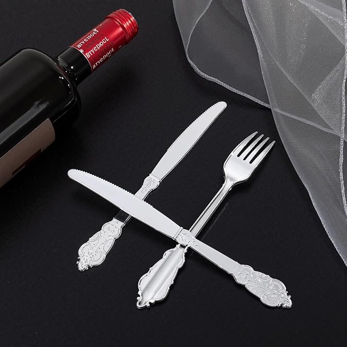 300Pieces Silver Plastic Silverware - Heavy Duty Silver Disposable Utensils - Fancy Plastic Cutlery Set Includes 100 Forks, 100 Spoons, 100 Knives for Dinner Parties Weddings