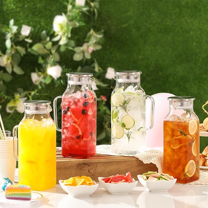 Netany 4 Pack 2 Liters/68 oz Square Glass Pitcher with Lid and Handle for Fridge, Iced Tea and Coffee Carafe Beverage Serveware, Heat Resistant Borosilicate Water Jug for Hot/Cold Drinks and Milk