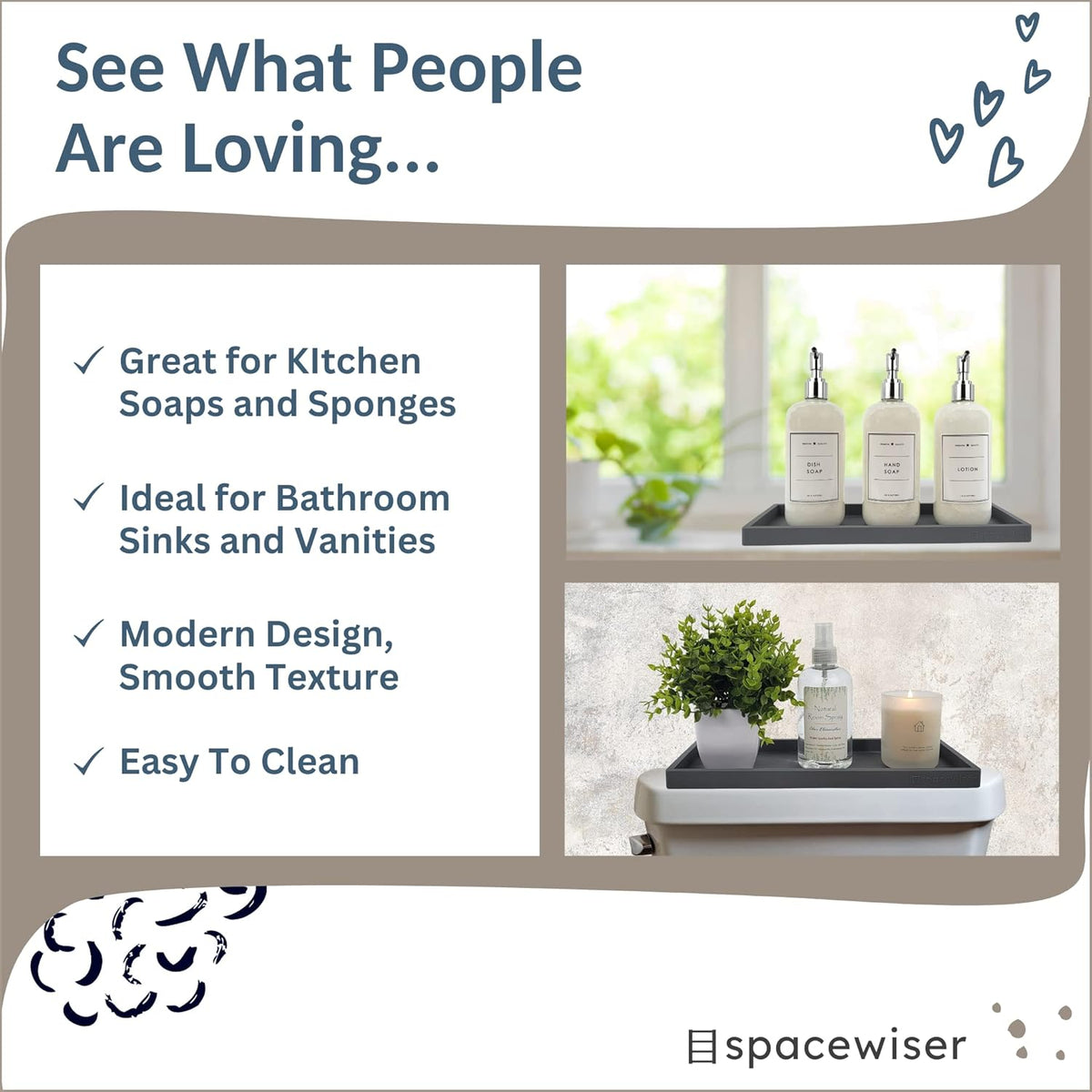 Countertop and Vanity Tray - 11.7" Silicone Bathroom Tray Countertop, Dish Soap Trays for Kitchen Counter, Sink Organizer Caddy Accessories, Toilet Plant Shower Makeup Mat Oil Holder