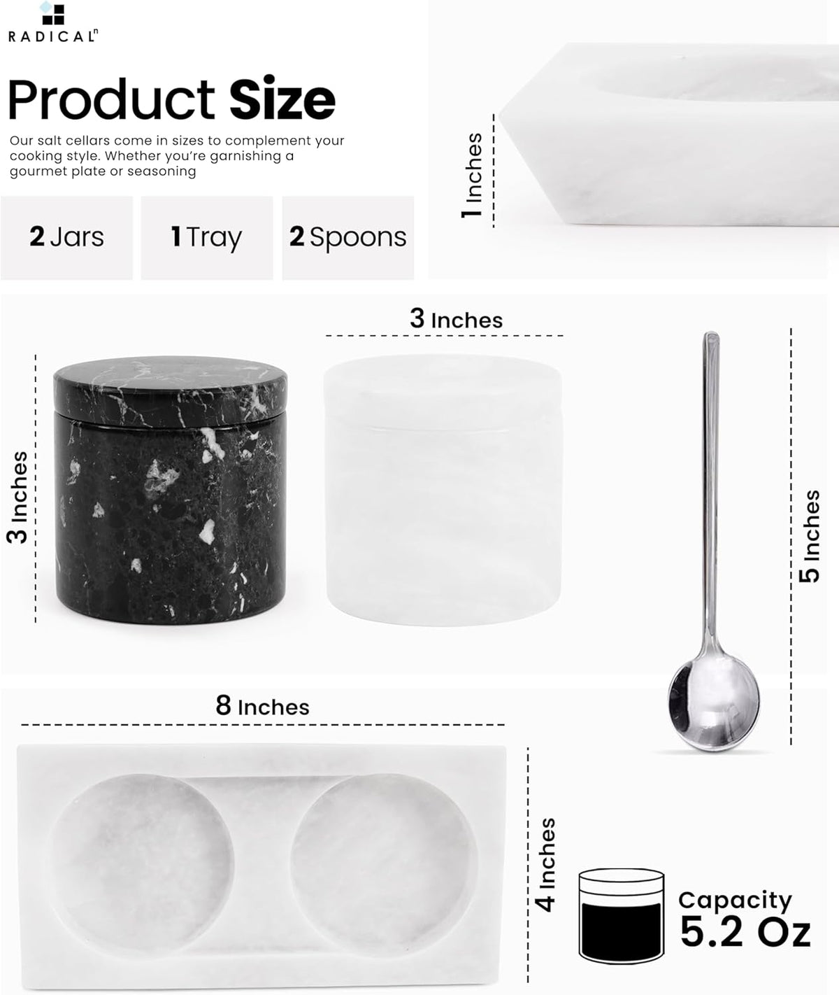 Radicaln Marble Salt Cellar With Lid and Tray 3" Inch Black and White Salt Container, Set of 2 Seasoning Jars, Spice Storage Container and Salt Bowl for Kitchen Countertop