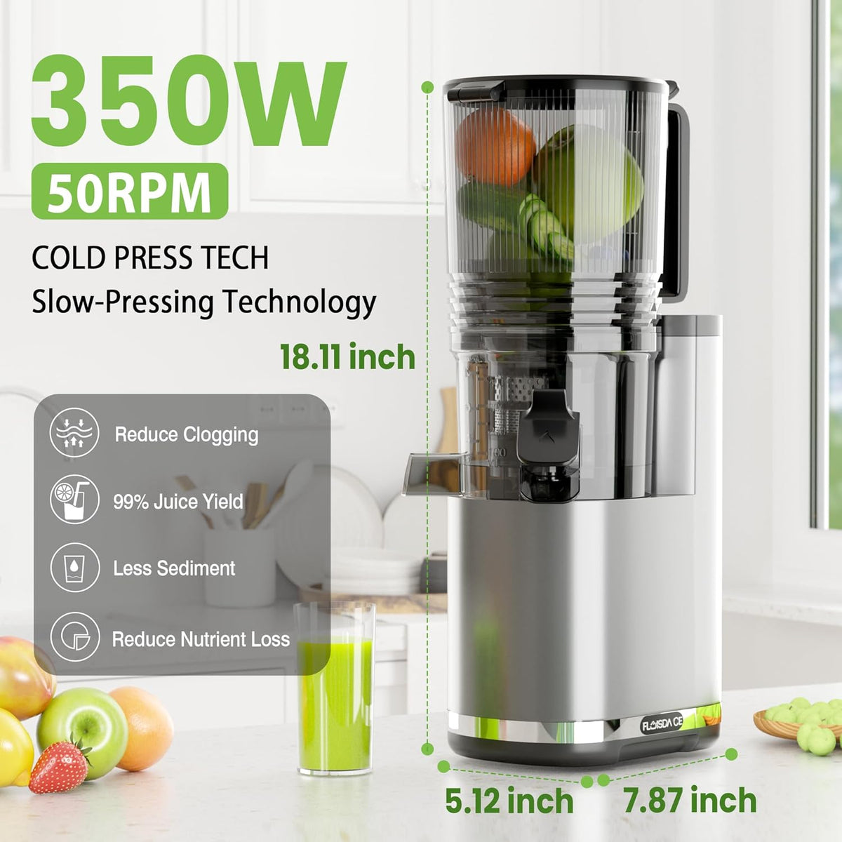 Cold Press Juicer, 6.5" Extra Large Feed Chute Juicer Machines, Hands-Free 350W Slow Masticating Juicer Machines with High Juice Yield for Whole Vegetables & Fruits, BPA Free, Silver