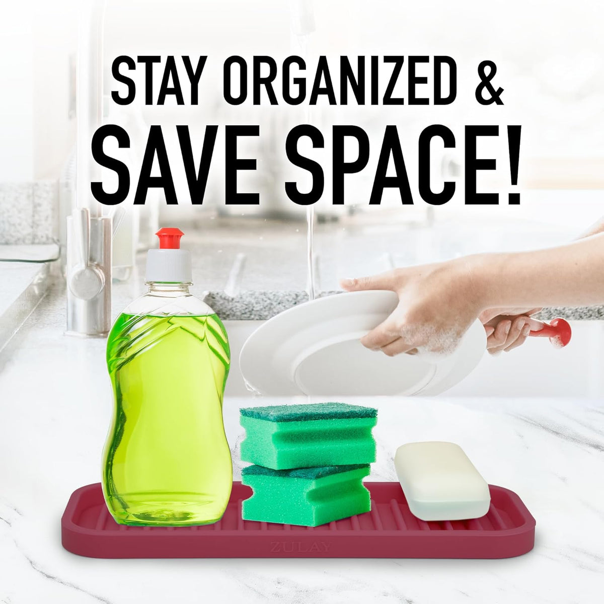Zulay Kitchen (9x3.5) Silicone Sponge Holder for Kitchen Sink - Flexible Multipurpose Soap Tray - Sink Organizer for Kitchen, Bathroom, Makeup, Trinkets & More (Wine Red)