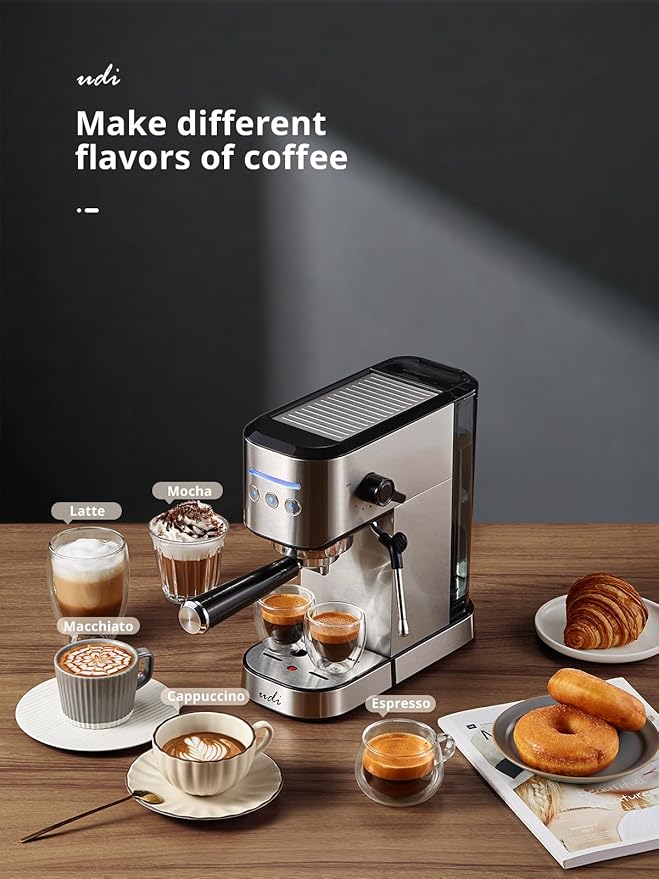 UDI Espresso Machine with Milk Frother, 20 Bar High Pressure Professional Espresso Maker Automatic, Compact Stainless Steel Coffee Machine for Cappuccino, Latte, Silver