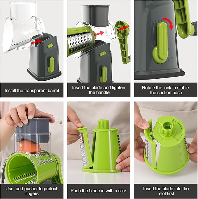 Ourokhome Rotary Cheese Grater Cheese Shredder, Mandoline Vegetable Slicer with 5 Interchangeable Blades and Strong Suction Base for Fruit, Vegetables, Nuts Grey