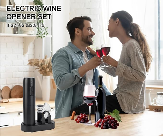 Electric Wine Opener Set with Charging Base, Rechargeable Automatic Corkscrew Bottle Opener with Pour, Preserver Vacuum Stopper, Foil Cutter, USB Charging Cable