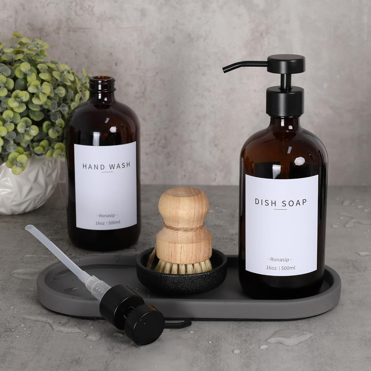 Set of 5 Kitchen Soap Dispenser Set 16 Oz Glass Hand Dish Soap Dispenser with Stainless Steel Pump, Cement Tray, Dish Scrub Brush for Farmhouse Rustic Home Bathroom Decor (Brown)