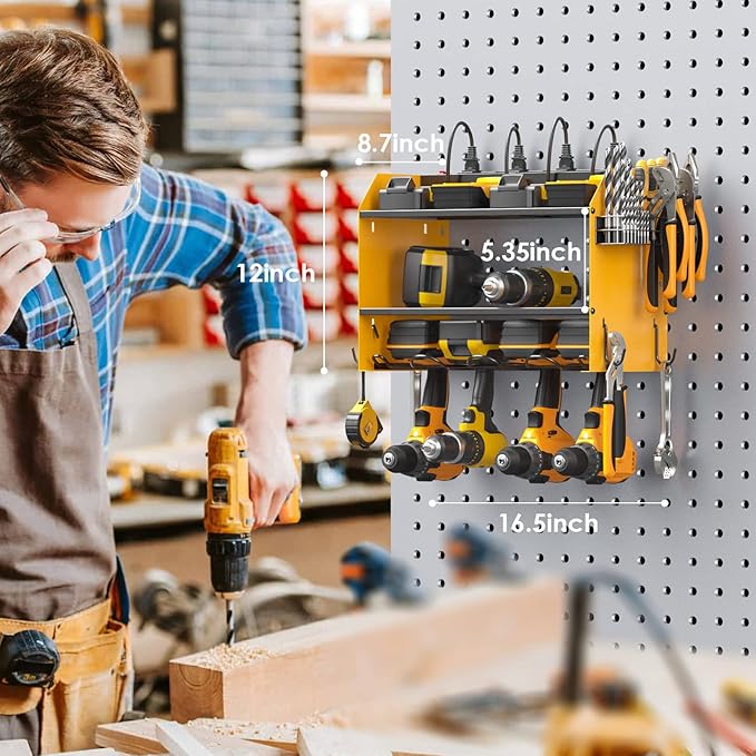 CCCEI Modular Power Tool Organizer Wall Mount with Charging Station. Garage Drill Storage Shelf with Hooks, Heavy Duty Rack, Tool Battery Holder Built in 8 Outlet. Gift for Men. Yellow, 1 Pack.