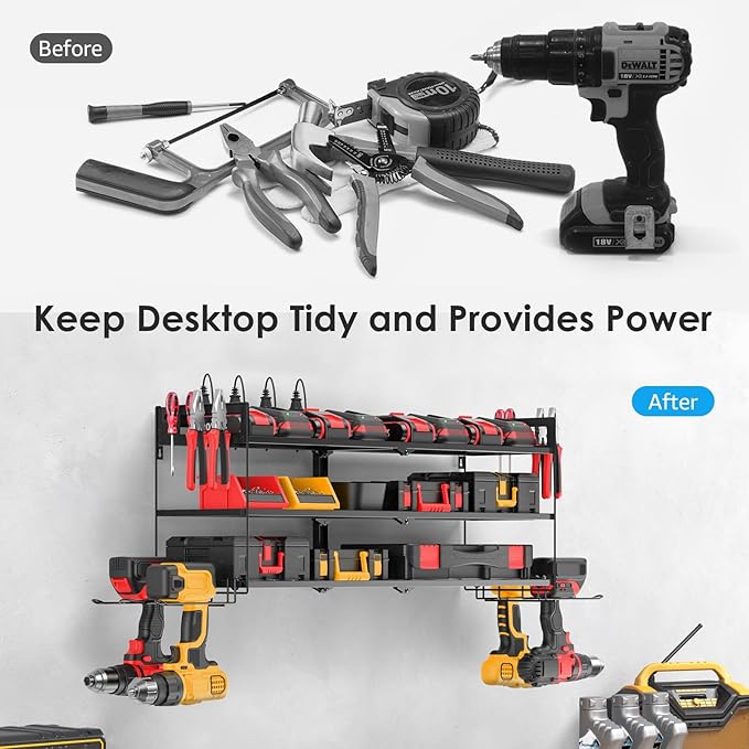CCCEI Large Garage Tools Storage with Charging Station. Power Tool Battery Organizer Utility Shelf with Power Strip. 4 Drills Holder Wall Mount Rack, Black 3 Layer.