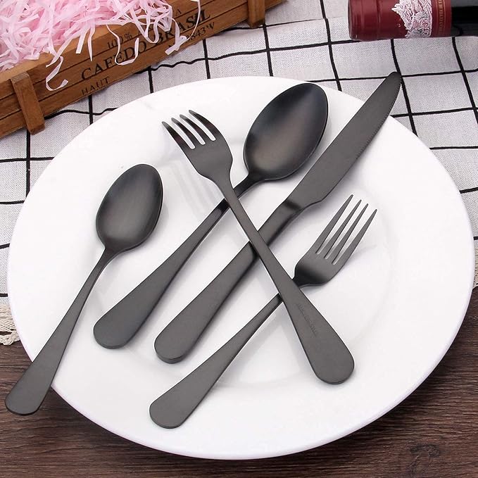Matte Black Silverware Set,SHARECOOK Satin Finish 30-Piece Stainless Steel Flatware Set,Kitchen Utensil Set Service for 6Tableware Cutlery Set for Home and Restaurant, Dishwasher Safe