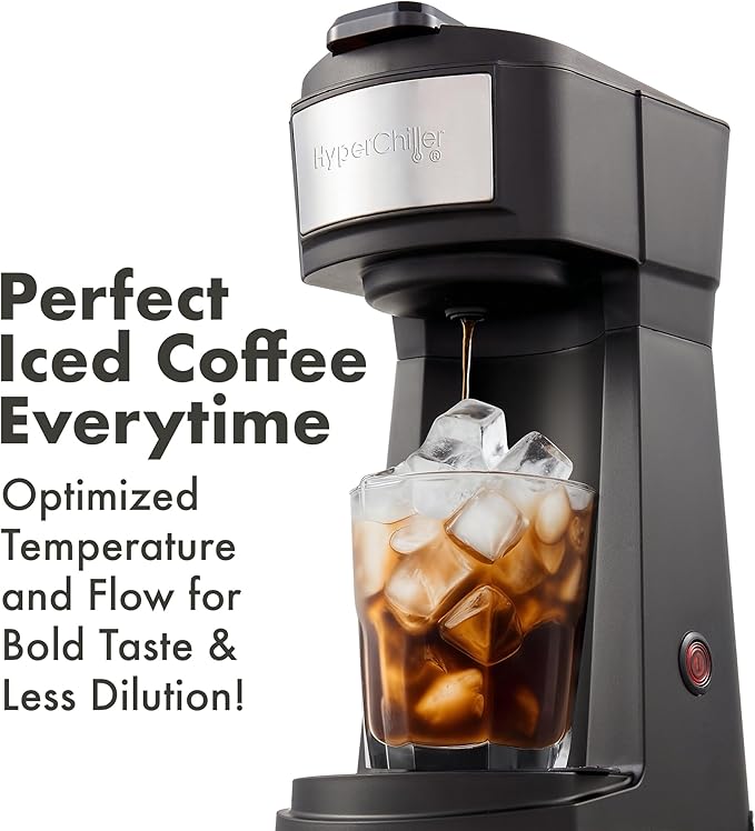 Elite Gourmet HyperChiller EHC210N Iced/Hot Coffee Maker, K-Cup or Coffee Grounds, 8, 10 or 12oz Pours, Removable K-Cup Holder and Reusable Mesh Filter, Drip tray, Black/Stainless-Steel