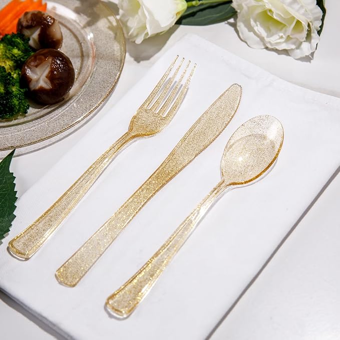Supernal 300pcs Gold Glitter Plastic Cutlery Disposable Utensils Gold Plastic Silverware Sets Include 100 Forks, 100 Spoons & 100 Knives Serves for 100 Guests Suitable for Party,Thanksgiving